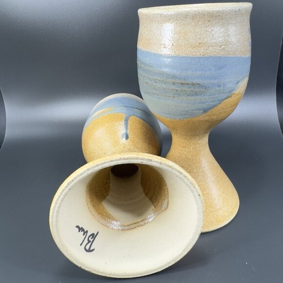 Vintage Large Footed Goblets Cups Set 2 Brown Stoneware Pottery Artist Signed - Picture 6 of 14
